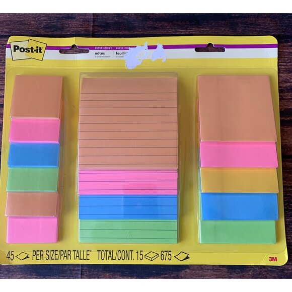 Post-It Super Sticky Notes Set 45 Sheets/Pad 15 Pads 675 Total Sheets Assorted C - Picture 1 of 5